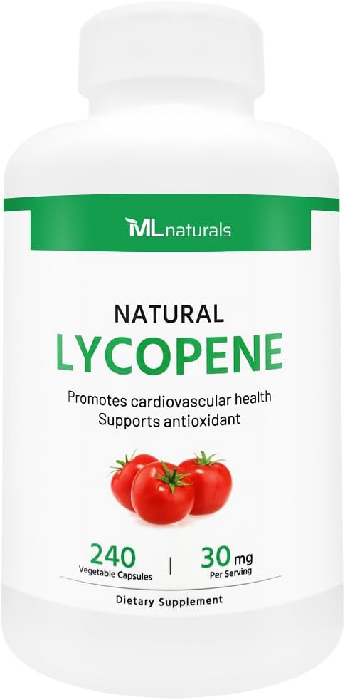 ML Naturals Natural Lycopene 30 mg 240 Vegetable Capsules. All-Natural from Tomatoes. Antioxidant & Immune Support, Cardiovascular Health & Prostate Health, NSF-Certified & cGMP-Compliant.