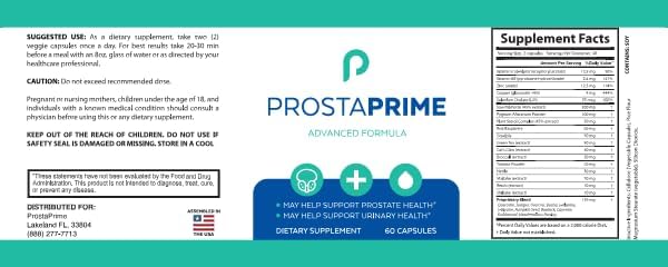 Official Prostate Health Capsules for Men β ProstaPrime Natural Bladder Support & Urinary Flow with Saw Palmetto, Nettle Root & Pygeum,1 Pack
