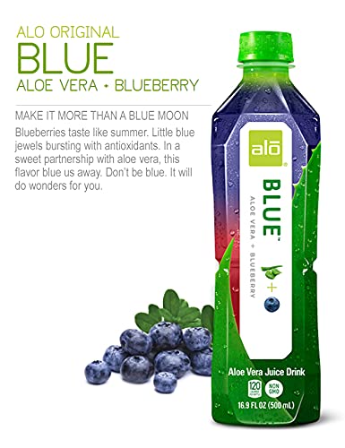 ALO Aloe Vera Juice Drink | BLUE - Aloe Vera + Blueberry | 16.9 fl oz, Pack of 12 | Plant-Based Drink with Real Aloe Pulp