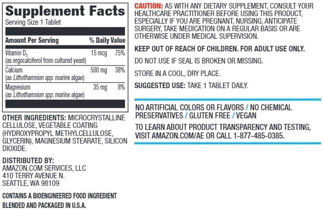 Amazon Elements Calcium plus Vitamin D, Calcium 500mg with D2 600IU, Vegan, 65 Tablets (2 month supply) (Packaging may vary), Supports Strong Bones and Immune Health