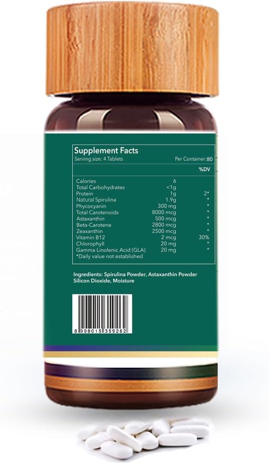 Organic Spiruliva Pills with Astaxanthin - Non-GMO, Rich in Vegan Protein, Vitamins & Prebiotics - 100% Vegan Ayurveda Supplement - 160 Tablets
