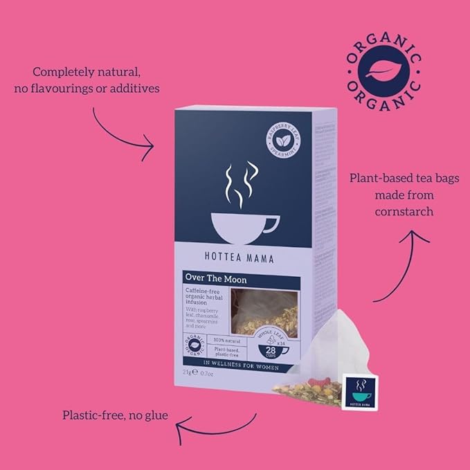HOTTEA MAMA | Over The Moon | Period Support Tea | Spearmint, Raspberry Leaf, Rose, Chamomile, Dandelion Root | 14 Whole Leaf Biodegradable Tea Bags (28 Cups)