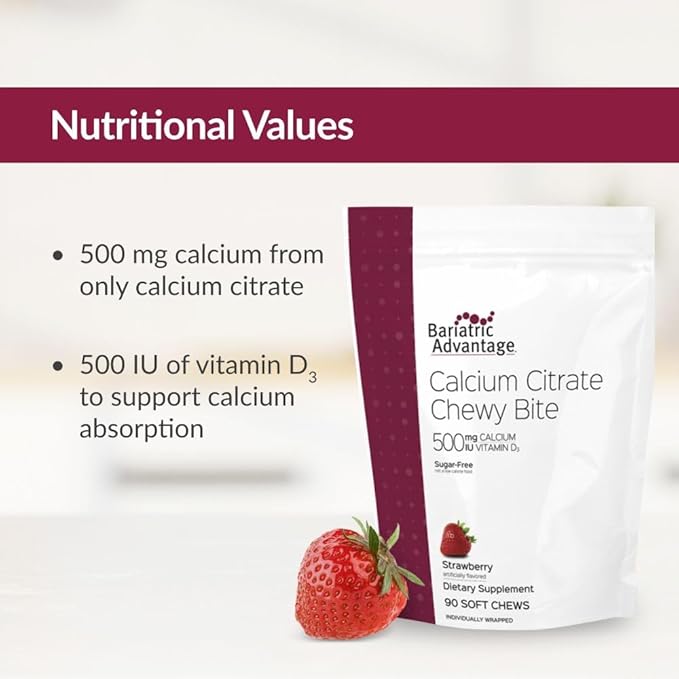 Bariatric Advantage Calcium Citrate Chewy Bites 500 mg - Highly Absorbable & Digestible - Vitamin D3 - Easily Chewable Calcium Supplement - Strawberry Flavor - 90 Count