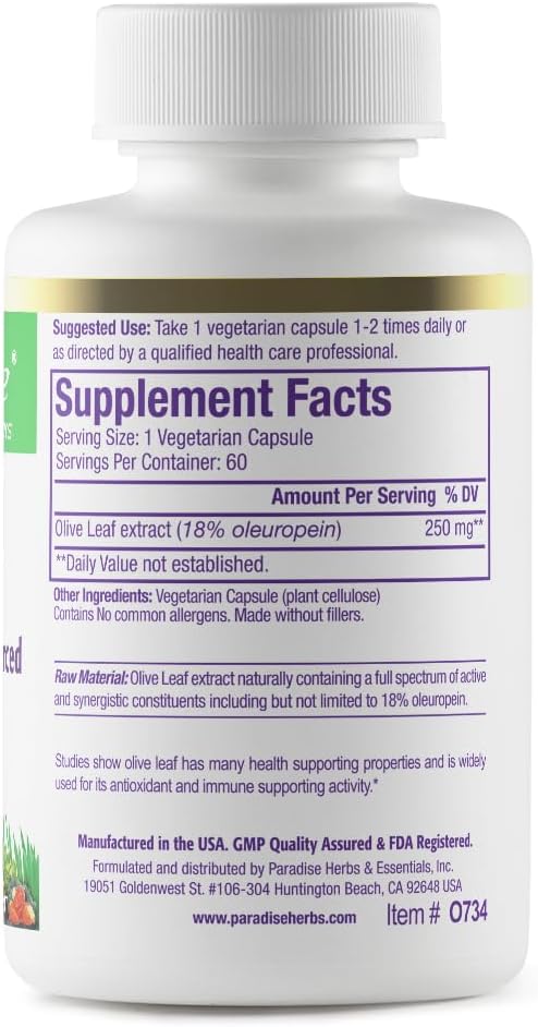 Paradise Herbs Olive Leaf Extract from Spanish Andalusian Olive Trees, Super Potent, Ultra Pure, Non-GMO, Vegan, Gluten Free, 60 Vegetarian Capsules