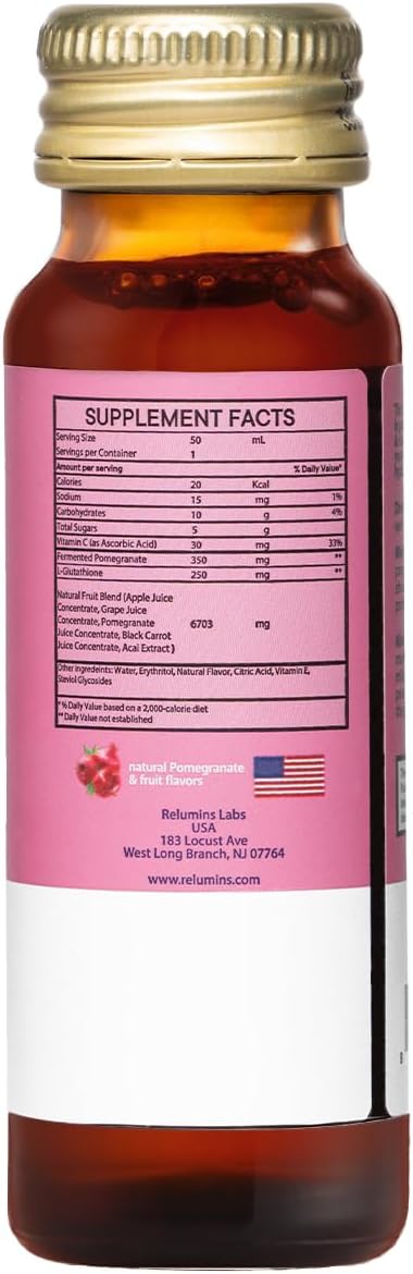 Relumins Glutathione Drink - Helps Promote Brighter and Firm Skin, Boosts Collagen Content, Moisture for a Younger Looking Skintone - Pomegranate Flavor, 50mL x 10 Gluta Shot Bottles
