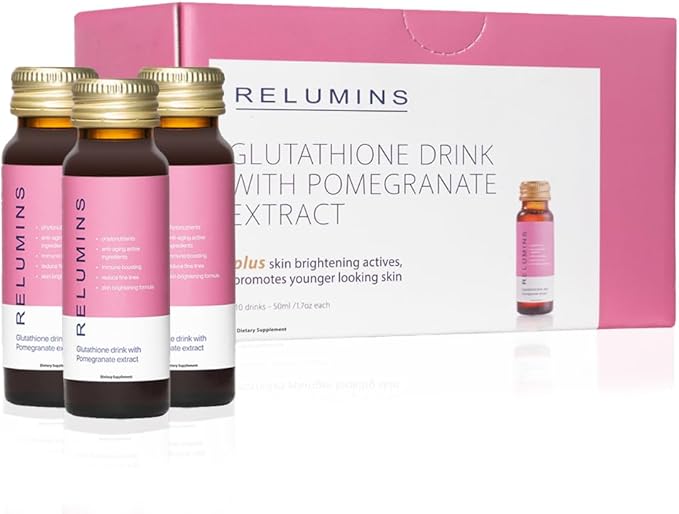 Relumins Glutathione Drink - Helps Promote Brighter and Firm Skin, Boosts Collagen Content, Moisture for a Younger Looking Skintone - Pomegranate Flavor, 50mL x 10 Gluta Shot Bottles
