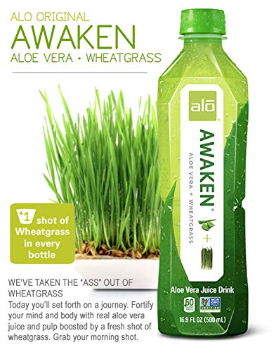 ALO Aloe Vera Juice Drink | AWAKEN - Aloe Vera + Wheatgrass | 16.9 fl oz, Pack of 12 | Plant Based Drink with Real Aloe Vera Pulp