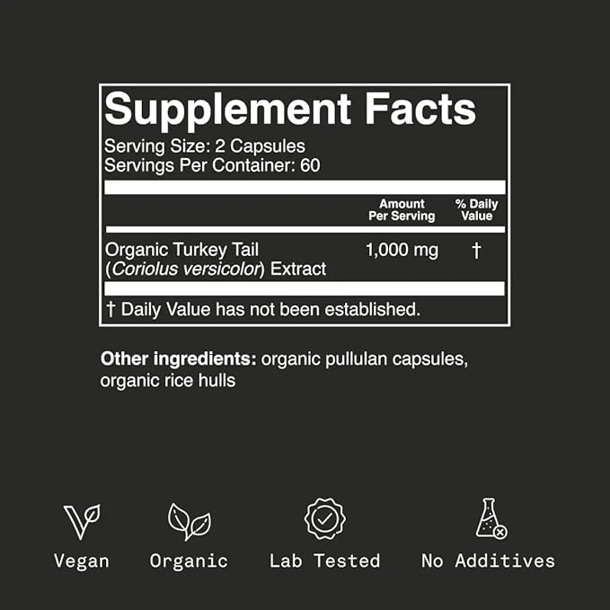 Organic Turkey Tail Mushroom Capsules - Mushroom Supplement for Gut Health & Immune Support, Functional Mushrooms, Adaptogen pills, Turkeytail extract - Vegan- Glass Jar, 120 Caps, 2 Month Supply