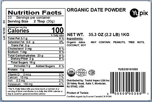 Yupik Organic Ground Date Powder (Meal), 2.2 lb, Non-GMO, Vegan, Gluten-Free (Pack of 2)