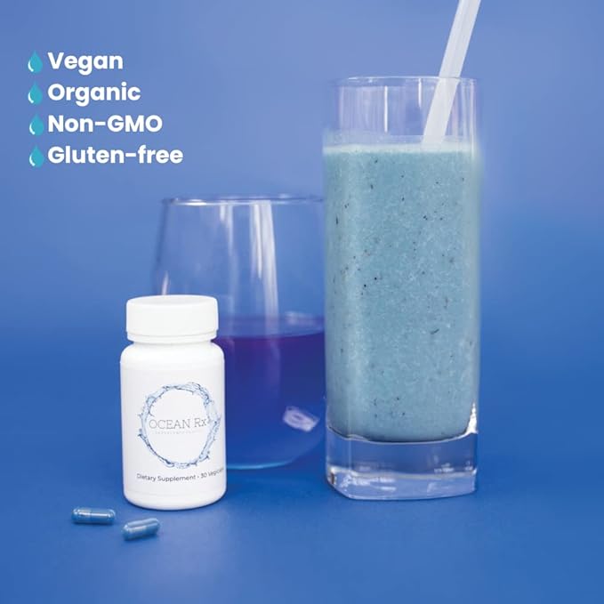 Organic Pure Blue Spirulina Capsules | Natural Superfood | Prebiotic Phycocyanin Supplement | Healty Skin, Oral Health, & Wound Recovery | 30 Serving Bottle