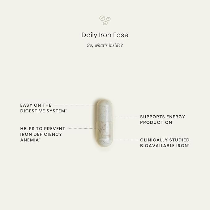 Perelel Daily Iron Ease, 15MG Iron Supplements with Magnesium, Vitamin C, & Vitamin B12 for Nutrient & Energy Support, Capsules for Women and Men, Soy, Dairy & Gluten Free, Non GMO, 30 Pills