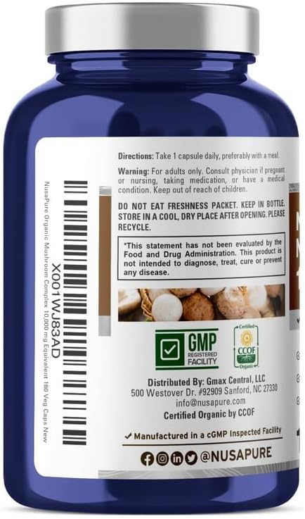 NusaPure Organic Mushroom Complex 10,000mg per Capsule, 180 Veggie Caps, Non-GMO, Enoki, Turkey Tail, Reishi, Chaga, Maitake