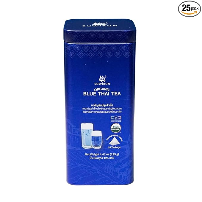Suwirun Organic Blue Thai Tea 25 Bags β Naturally Blue Butterfly Pea Tea β Floral Aroma with Vanilla & Green Tea β Great for Hot, Iced & Milk Tea