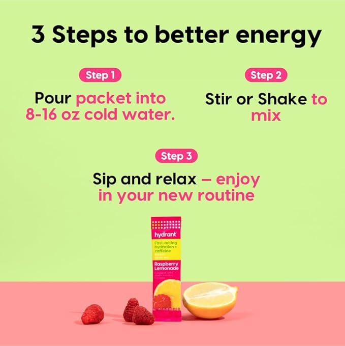 Hydrant Energy 12 Stick Pack, Caffeine & L-Theanine Rapid Hydration Mix, Electrolyte Hydration Powder Packets with Zinc (Raspberry Lemonade, 12 Count)