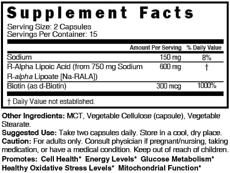 Nutri R Alpha Lipoic Acid 600mg Capsules - R Lipoic Acid Stabilized with Biotin - Active Form of R-ALA - 600 mg Clinical Dosage - Powerful Cellular Energy Support - 30 Vegan Capsules - RALA