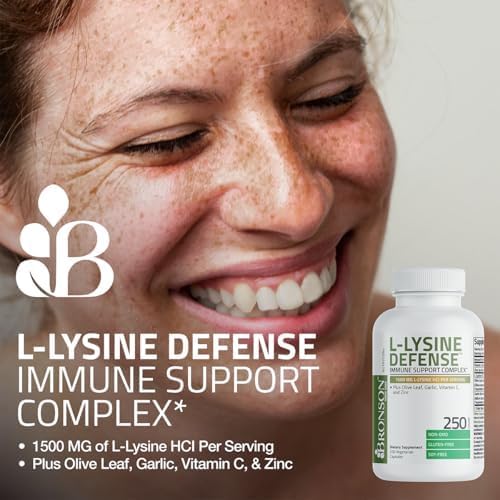 Bronson L-Lysine Defense Immune Support Complex 1500 MG L-Lysine Plus Olive Leaf, Garlic, Vitamin C and Zinc - Non-GMO, 180 Vegetarian Capsules