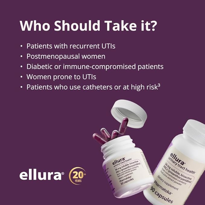 ellura 36mg Clinically Proven Soluble, Bioactive PACs – 100% Concentrated Cranberry Fruit Juice Extract, for UTI Support & Urinary Tract Health, 30 Capsules.