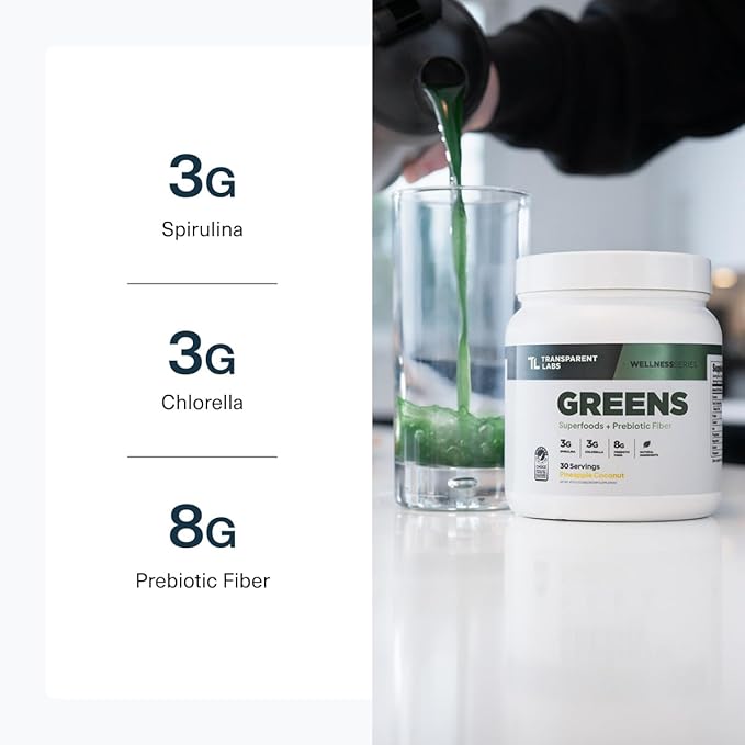 Transparent Labs Prebiotic Greens - Superfood Powder & Antioxidants Supplement with Organic Spirulina, Chloerra, Acacia, & Green Banana Powder - 30 Servings, Unflavored