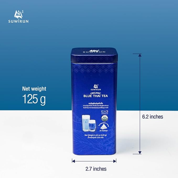 Suwirun Organic Blue Thai Tea 25 Bags β Naturally Blue Butterfly Pea Tea β Floral Aroma with Vanilla & Green Tea β Great for Hot, Iced & Milk Tea
