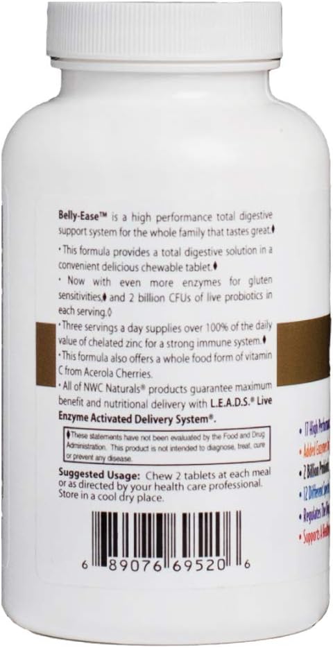 NWC Naturals Belly-Ease Healthy Digestive Enzymes Plus Prebiotics & Probiotics, Essential Enzymes, Vegetarian, Better Digestion, Full Spectrum Digestive Solution - 180 Count Chewable Tablets
