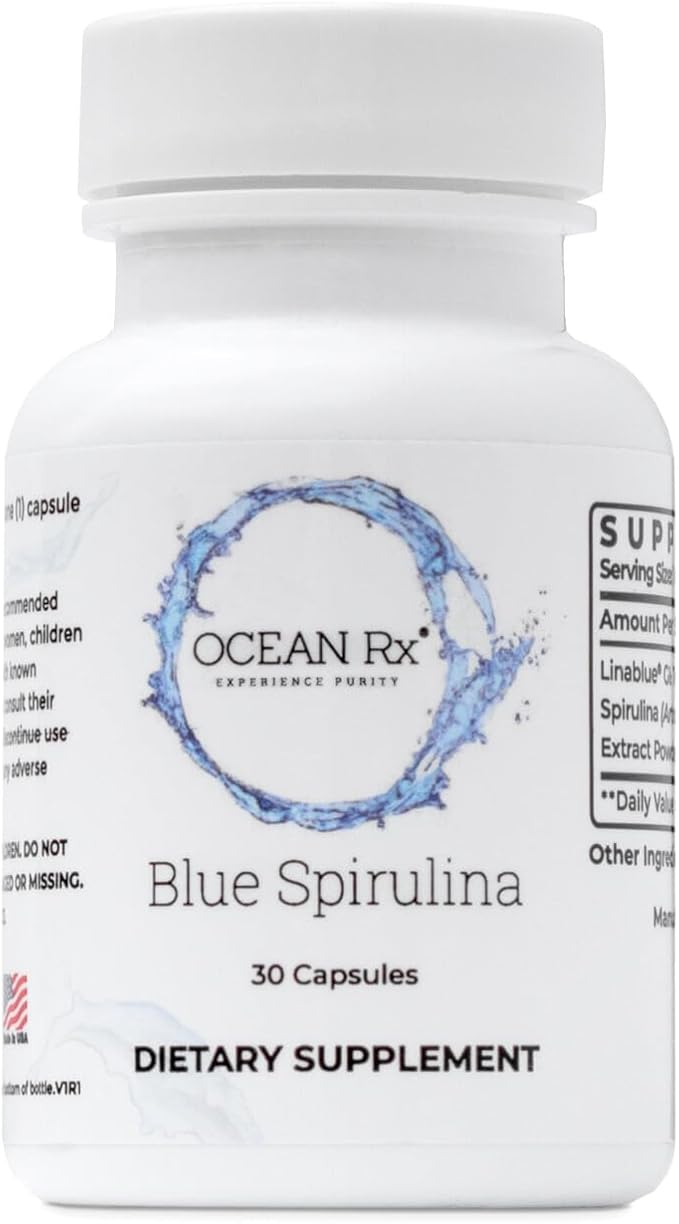 Organic Pure Blue Spirulina Capsules | Natural Superfood | Prebiotic Phycocyanin Supplement | Healty Skin, Oral Health, & Wound Recovery | 30 Serving Bottle