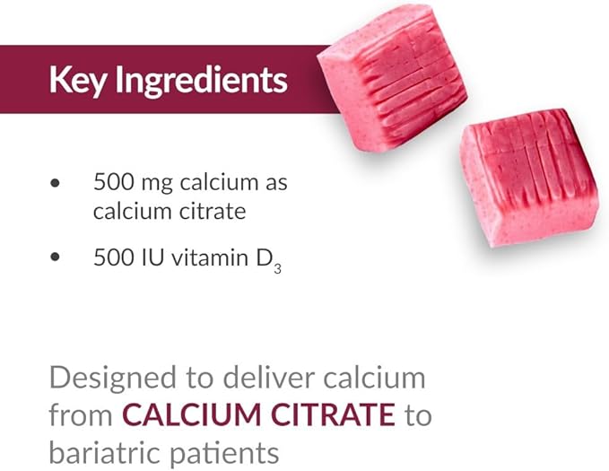 Bariatric Advantage Calcium Citrate Chewy Bites 500 mg - Highly Absorbable & Digestible - Vitamin D3 - Easily Chewable Calcium Supplement - Strawberry Flavor - 90 Count