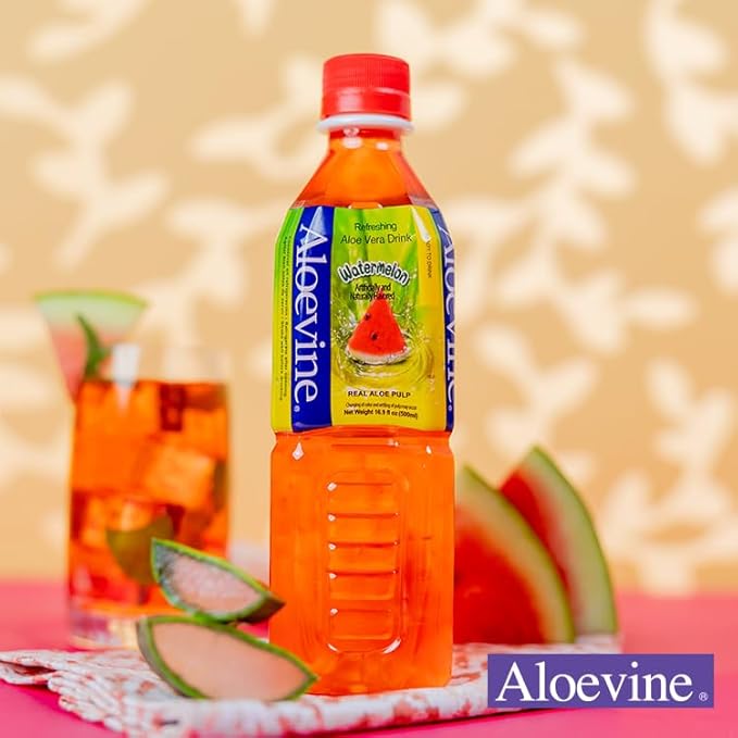 ALOEVINE Aloe Vera Juice drink Watermelon pure with chunks of aloe | 16.9 Oz 10 pack | plant based Vegetable Korean drinks