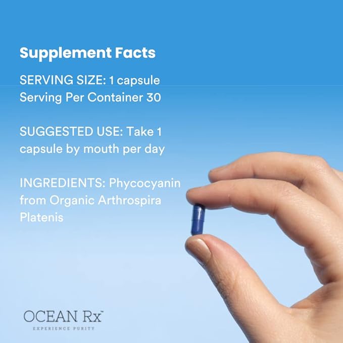 Organic Pure Blue Spirulina Capsules | Natural Superfood | Prebiotic Phycocyanin Supplement | Healty Skin, Oral Health, & Wound Recovery | 30 Serving Bottle