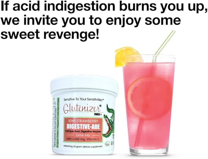 Sufficient C - Glutenizer Force Plus Kiwi-Strawberry Digestive-Ade Drink Mix - Naturally Effective, Premium, Full Spectrum Enzyme Blend with 2,000 mg. Vitamin C - Acid Reflux, Indigestion Solution