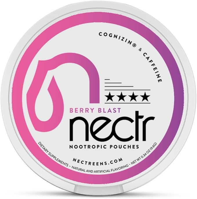 Nectr Energy Nootropic Pouches – Berry Blast Flavored, Caffeine Pouches with Cognizin® Citicoline. Sugar-Free Brain Treats. Smooth, Sustained Focus & Energy Supplement - 1 Puck of 16pcs