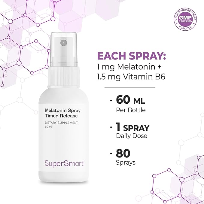 Supersmart - Melatonin Spray 1mg per Day (Fast Action & Timed Release) - Natural Pepper Mint Flavor - Melatonin Spray for Sleep | Non-GMO & Gluten Free - 60 ml