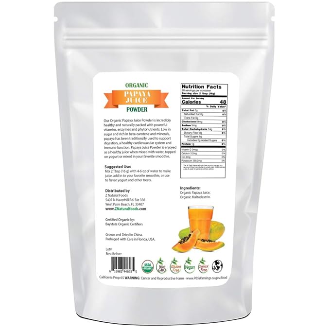 Organic Papaya Juice Powder - Tropical Fruit Superfood Drink Mix Supplement - Mix In Smoothies, Shakes, Tea, Cooking Baking Recipes - Non GMO, Gluten Free, Vegan, Kosher - 1 lb