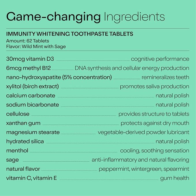 Duo Immunity Toothpaste Tablets | Vitamin D3 + B12 w/Nano-Hydroxyapatite (nHa) - Whitening, Remineralize & Reduce Sensitivity | Sustainable & Plastic Free | Wild Mint w/Sage, 1 Bottle/ 62 Tablets