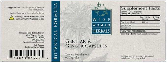 Wise Woman Herbals Gentian & Ginger Capsules, Pure Non-GMO, Herbal Digestive Bitters, Relieves Indigestion, Bloating, Gas & Upset Stomach, Supports Appetite, Gut & Liver Health, 90 Veg Caps