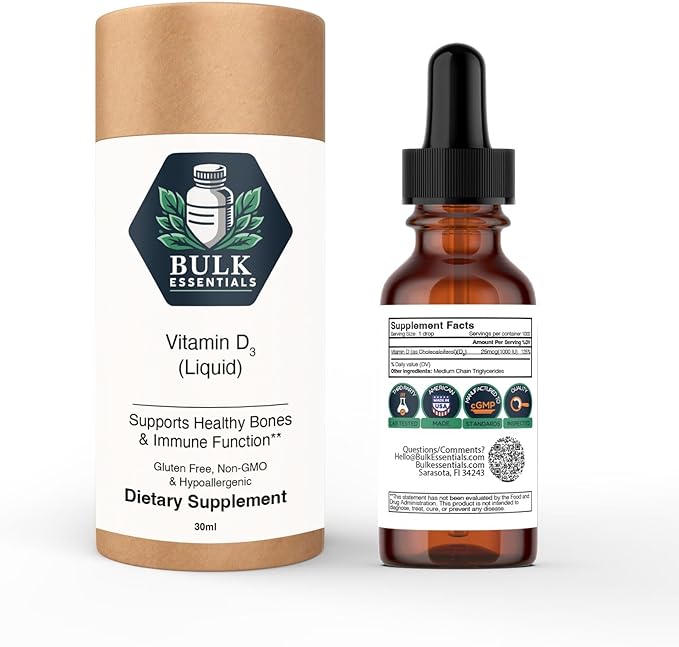 Pure Vitamin d3 Drops – 1000 IU per Serving for Bone & Immune Support – USA Made Liquid Vitamin D Supplements for Women & Men – Non-GMO & Gluten-Free – 30ml