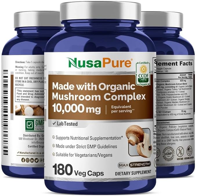 NusaPure Organic Mushroom Complex 10,000mg per Capsule, 180 Veggie Caps, Non-GMO, Enoki, Turkey Tail, Reishi, Chaga, Maitake