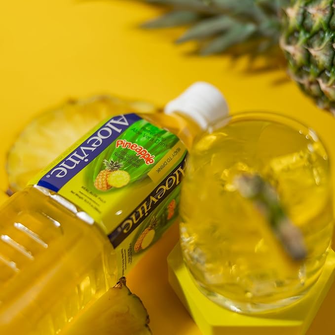 Aloevine Aloe Vera Drink Pineapple healthy juice pure with chunks of aloe l 16.9 oz. 10 pack l plant based Vegetable Korean drinks