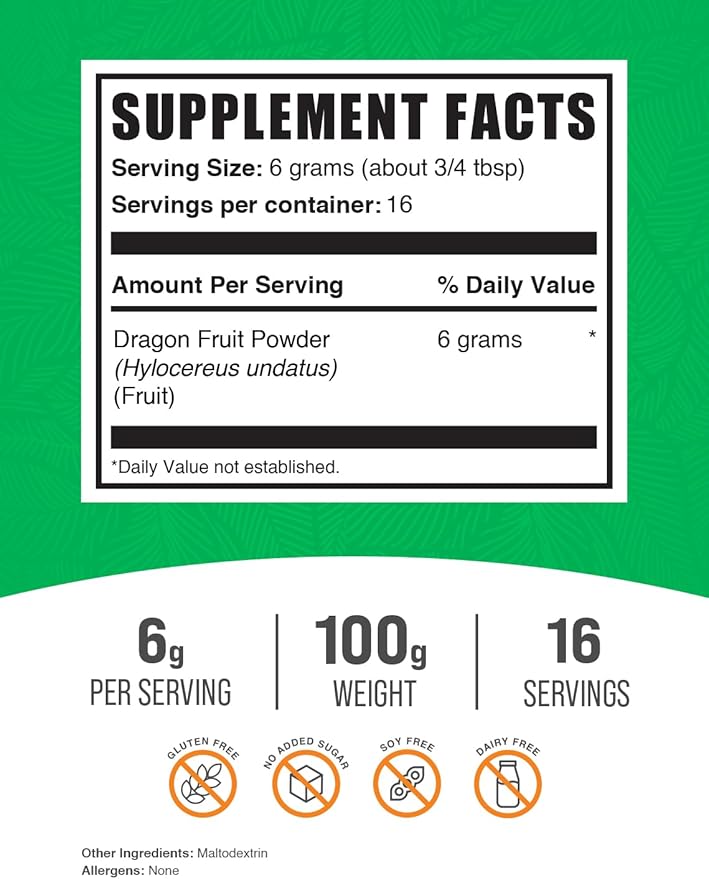 BulkSupplements.com Dragon Fruit Powder - Dragon Fruit Supplement, Pink Pitaya Powder - Gluten Free, 6g per Serving, 100g (3.5 oz) (Pack of 1)