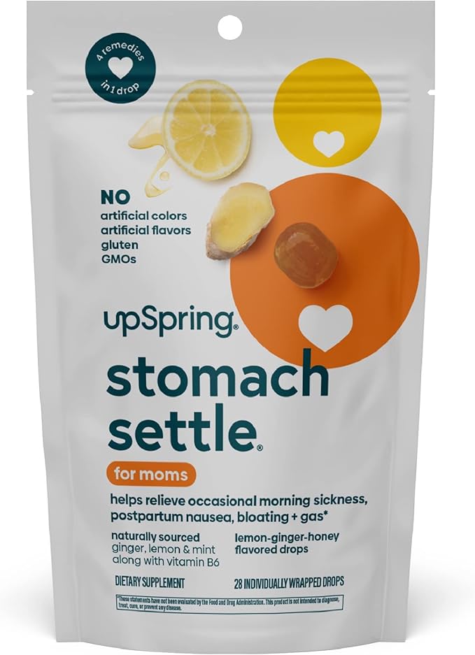 UpSpring Stomach Settle for Moms Drops for Occasional Morning Sickness with Ginger, Lemon, Spearmint, and B6. Individually Wrapped Drops, 28 Ct(Packaging May Vary)