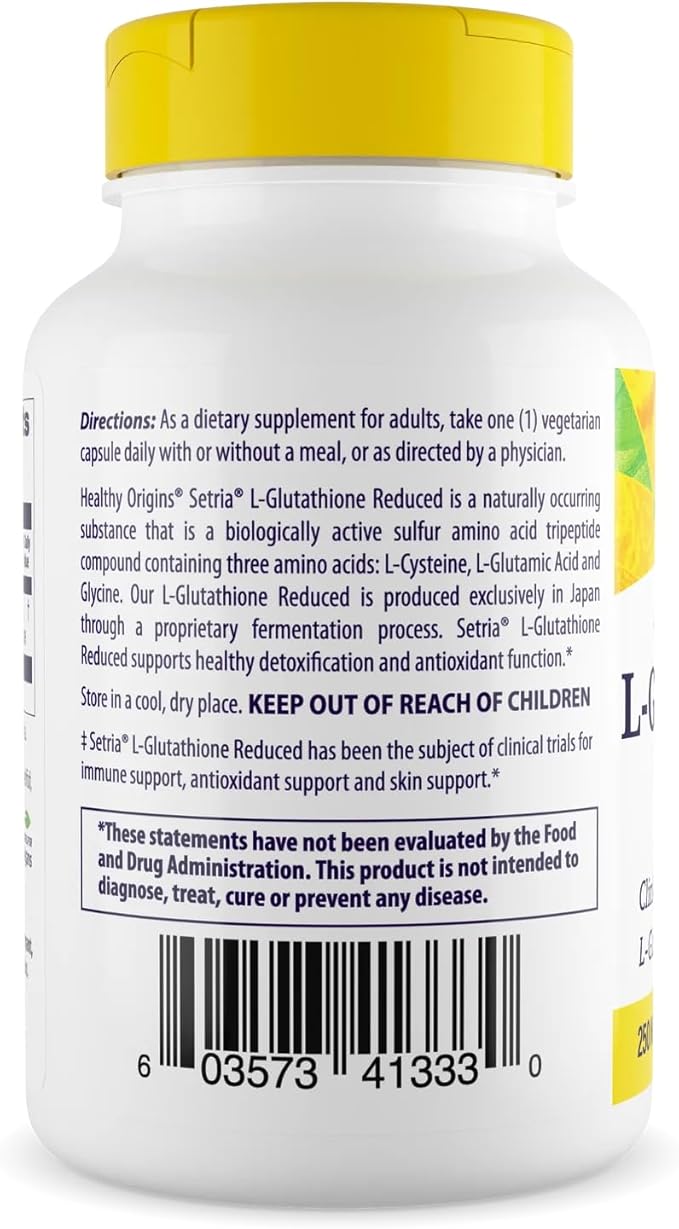Healthy Origins L-Glutathione 250 mg (Setria, Non-GMO, Gluten Free, Antioxidant, Immune Support, Skin Support), 60 Veggie Caps
