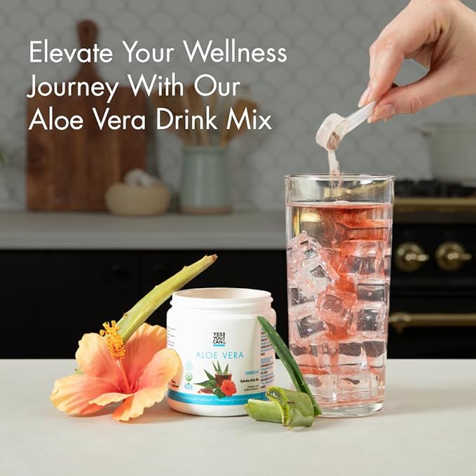 Yes You Can! Organic Aloe Vera Powder Drink Mix - Hydration Booster Infused with Pure Aloe Juice - Delicious Flavors - Made in USA - Antioxidant Rich - Hibiscus Flavor - 40 Servings
