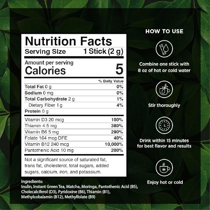 VitaCup Green Tea Instant Packets, Enhance Energy & Detox with Matcha, Moringa, B Vitamins, D3, Fiber, Keto, Paleo, Vegan in Tea Powder Single Serving Sticks, 10 Ct