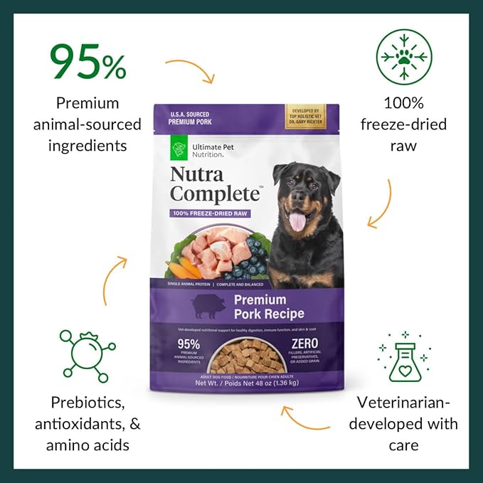 ULTIMATE PET NUTRITION Nutra Complete Freeze Dried Raw Dog Food, Veterinarian Formulated with Antioxidants, Prebiotics & Amino Acids (3 Pound, Pork)