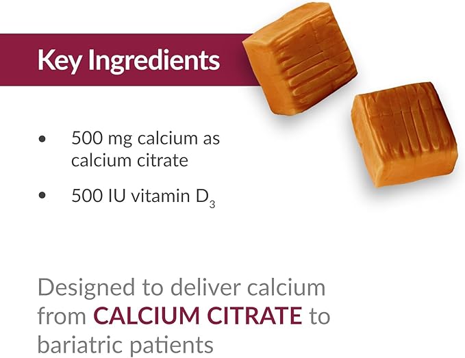 Bariatric Advantage Calcium Citrate Chewy Bites 500 mg - Highly Absorbable & Digestible - Vitamin D3 - Easily Chewable Calcium Supplement - Caramel Flavor - 90 Count
