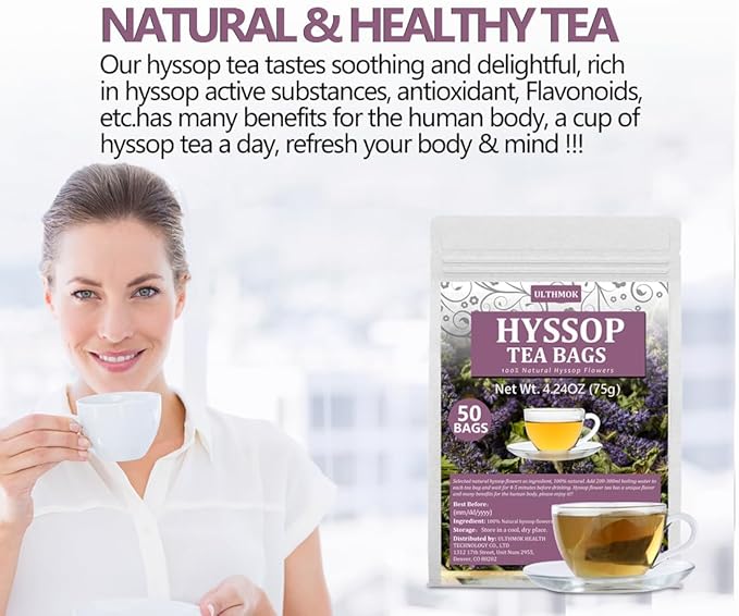 Premium 50 Hyssop Tea Bags, Made with Natural Hyssop Flowers, Support Digestion & Promote Relaxation, No Artificial Flavors & Caffeine Free.