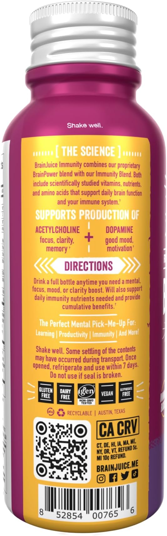 BrainJuice Brain and Immune Support Shot, Gluten Free Supplement Shots for Energy, Focus, Immunity with Vitamin D, C, B, Alpha GPC & Organic Ginger Root, Huckleberry Hibiscus, 2.5 fl oz, 12 Pack