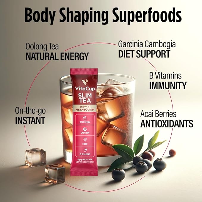 VitaCup Slim Instant Tea Packets for Diet Support, Oolong Tea w/B Vitamins, Garcinia, Inulin & Acai, On-The-go Instant Sticks, 48 Ct