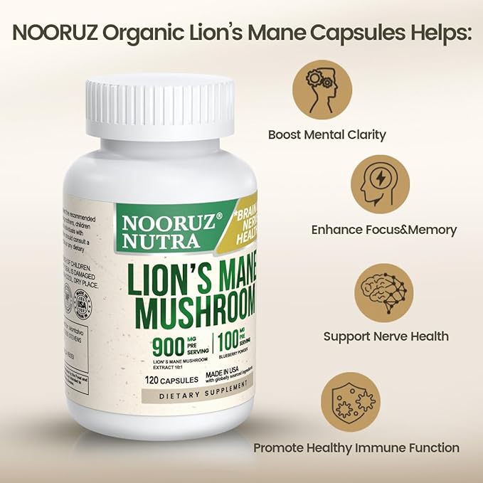 Organic Lion’s Mane Capsule: 10:1 Concentration Equals 10,000mg Mushroom, Enhanced with Blueberry for Vitality, Mental Clarity, and Concentration – 120 Plant-Based Capsules (No Tablets/Powder)