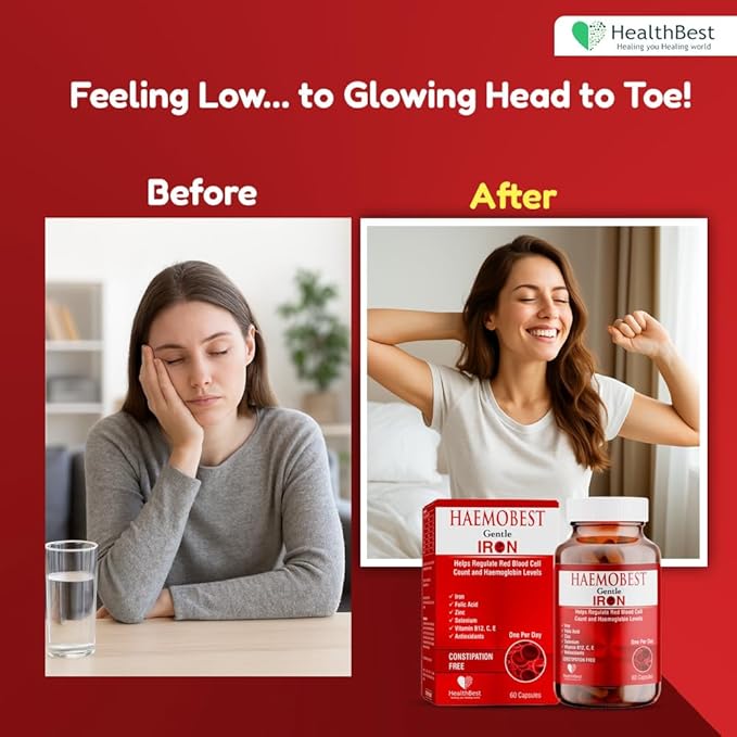Haemobest Gentle Iron Power Capsules with Vitamin C - 60 Count - Boost Haemoglobin, Gentle on Stomachs - Non-Constipating Formula - Enhances Red Blood Cells Support