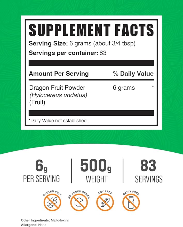 BulkSupplements.com Dragon Fruit Powder - Dragon Fruit Supplement, Pink Pitaya Powder - Gluten Free, 6g per Serving, 500g (1.1 lbs) (Pack of 1)
